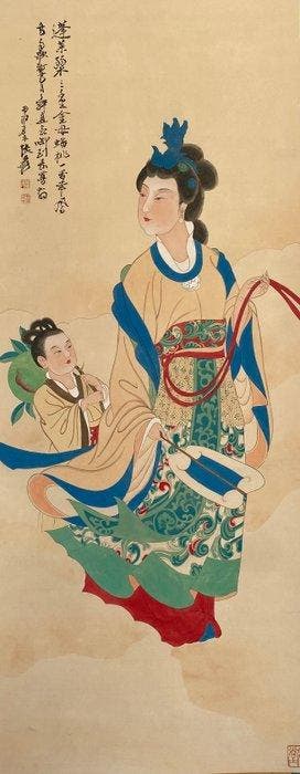 VROUW, INKT EN KLEUR OP PAPIER, HANGENDE ROL, - Zhang Daqian