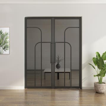 Dubbele stalen taatsdeur - Zwart - 4 Vlaks rond - Rook glas*, Minder dan 80 cm, Overige typen, Nieuw, Metaal