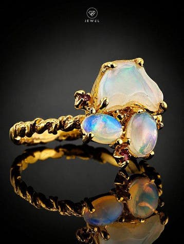 Regenboogopaal ring - 925 sterlingzilver - goudverguld -