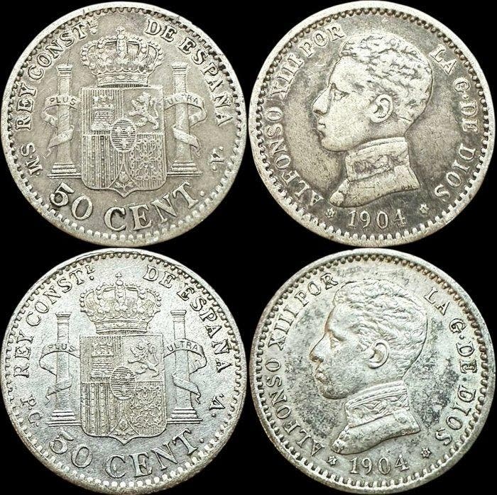 Spanje. Alfonso XIII. 2 Silver Coins - 50 Cent - 1904 -, Postzegels en Munten, Munten | Europa | Niet-Euromunten