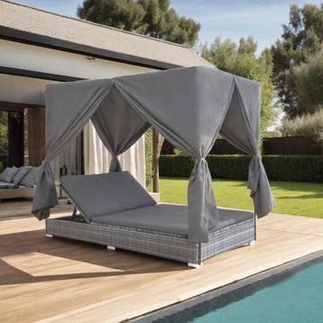 vidaXL Loungebed met gordijnen poly rattan grijs, Tuin en Terras, Verzenden, Nieuw