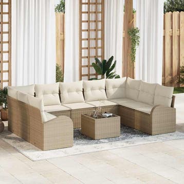 vidaXL Bankstel 10 st 9-zits Beige poly rattan, Verzenden, Nieuw, Meer dan 8 zitplaatsen