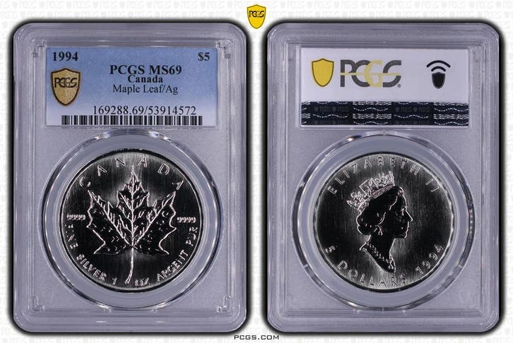 Canada 1 oz Maple Leaf 1994 PCGS MS69 gecertificeerd, Postzegels en Munten, Munten | Amerika, Noord-Amerika, Losse munt, Zilver