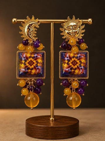 Verguld, Vintage Boheemse Zon en Maan Statement Oorbellen -