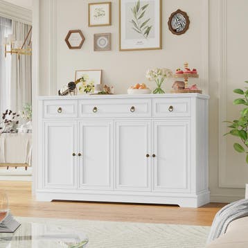 Stijlvol Wit Retro Sideboard met 3 Lades en 4 Deuren - 134x4, Huis en Inrichting, Kasten | Dressoirs, Verzenden, Nieuw