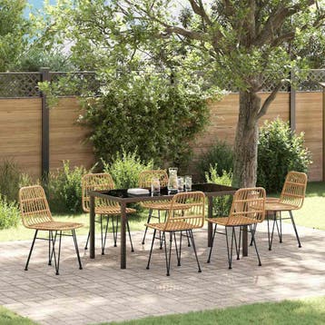 vidaXL Tuin eettafelset 7 pcs Bruin Gepoedercoat staal, Verzenden, Nieuw, Rotan, 7 zitplaatsen