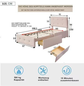 Gestoffeerd Kinderbed 90x200 cm met Twee Lades, Kinderen en Baby's, Kinderkamer | Bedden, Verzenden, Nieuw