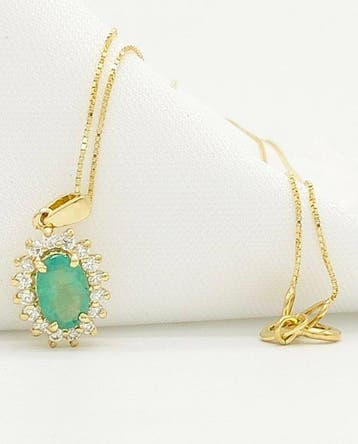 Ketting met hanger - 18 karaat Geel goud Smaragd - Diamant
