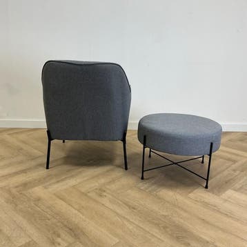 complete set fauteuil + poef, grijs - zwart, Ophalen of Verzenden, Gebruikt, Grijs, Stof