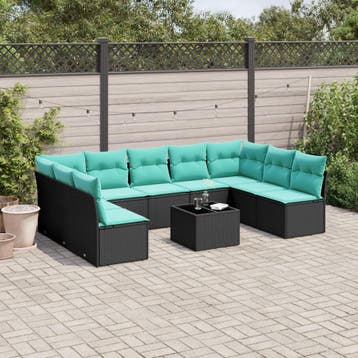 vidaXL 10-delige tuinbankset met kussens van zwart polyrotan, Tuin en Terras, Verzenden, Nieuw