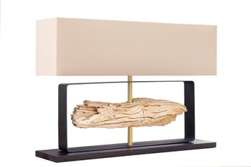 Tafellamp ROUSILIQUE 60 cm lampenkap beige teakhout naturel, Ophalen of Verzenden, Nieuw