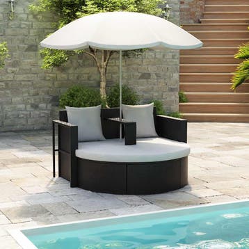 vidaXL Tuinbed met parasol poly rattan zwart, Tuin en Terras, Ligbedden, Verzenden, Nieuw