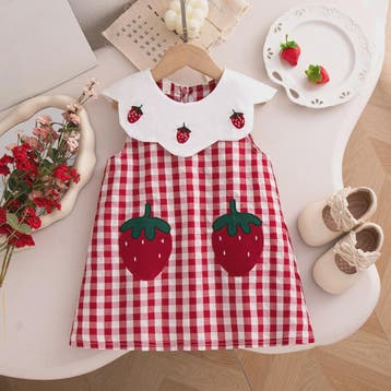 Zomerjurk Baby Meisje Rood Wit Geruit met Aardbeien - Casual, Verzenden, Nieuw
