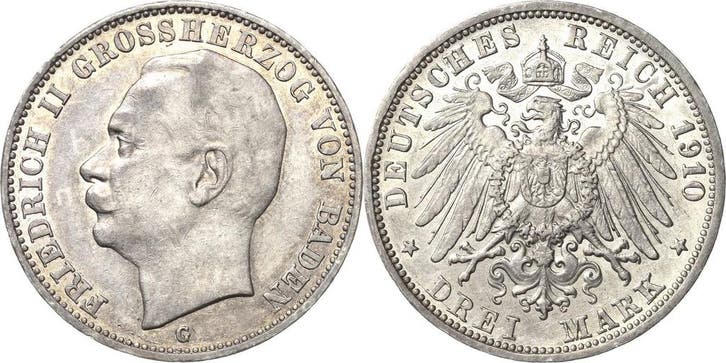 3 Mark 1910 Baden Friedrich Ii 1907-1918, Postzegels en Munten, Munten | Europa | Niet-Euromunten, Verzenden