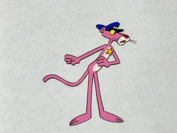 Friz Freleng - Originele animatiecel en tekening van De Roze, Nieuw in verpakking