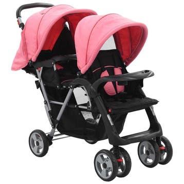 Tweeling buggy roze/zwart | 63% Korting op retourdeal, Gebruikt, Duowagen, Ophalen of Verzenden, Kinderwagen