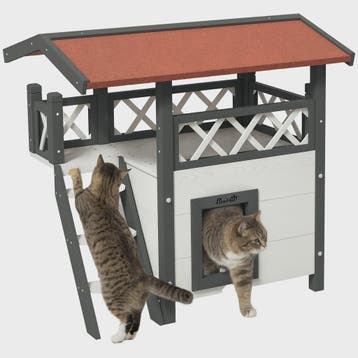 PawHut Luxe Kattenhuis Villa met Terras, Trap en Dak - 77x50, Verzenden, Nieuw