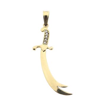 Gouden hanger van een Zulfiqar met zirconia, Ophalen of Verzenden, Gebruikt, Goud, Overige merken