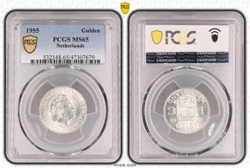 Koningin Juliana zilveren 1 gulden 1955 MS65 PCGS, 1 gulden, Koningin Juliana, Verzenden, Zilver