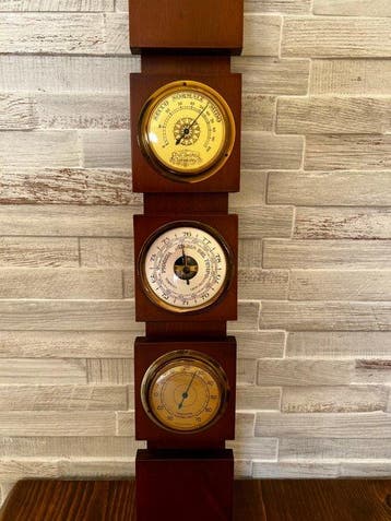 1970s Wooden Weather Station – Barometer, Hygrometer &, Antiek en Kunst