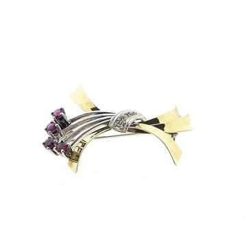 Bicolor gouden broche met robijn en diamanten; 0,06 ct., Sieraden, Tassen en Uiterlijk, Broches, Gebruikt, Overige kleuren, Ophalen of Verzenden