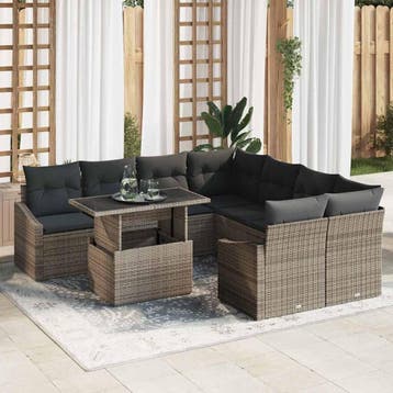 vidaXL Tuin Sofa Set met opslag 9 pcs Grijs Poly riet, Verzenden, Nieuw, Rotan, Meer dan 8 zitplaatsen