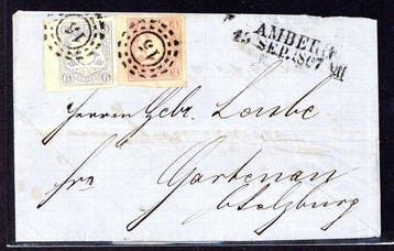 Beieren 1867 - 15, oMR naast L2 Amberg op brief met twee, Gestempeld