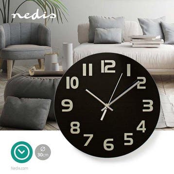 Nedis Wandklok - Diameter: 300 mm - Glas - Zwart, Huis en Inrichting, Woonaccessoires | Klokken, Verzenden, Zo goed als nieuw