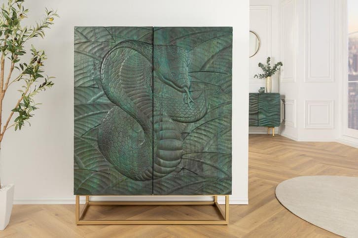 Massief highboard SNAKE 120 cm turkoois goudkleurig, Huis en Inrichting, Kasten | Overige, Ophalen of Verzenden