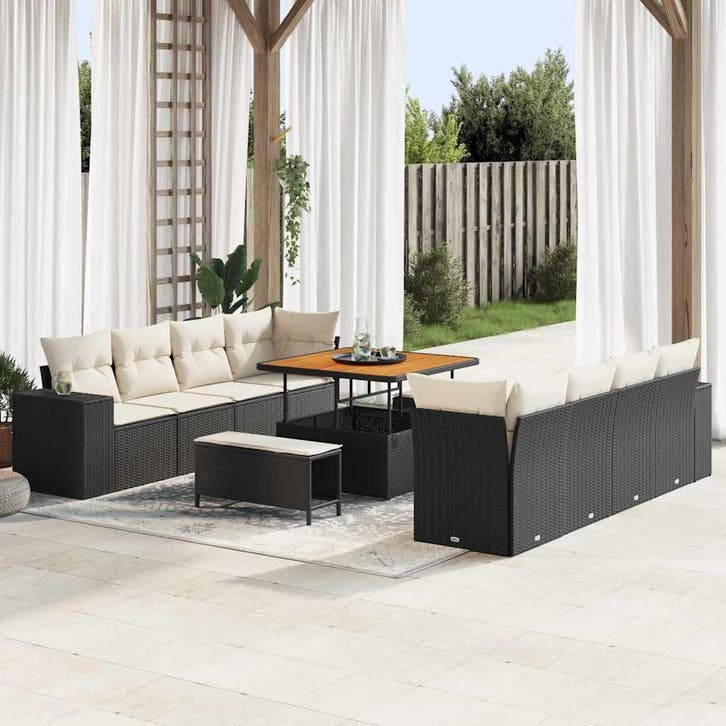 vidaXL Tuin Sofa Set met kussen 11 pcs Zwart en Crème poly, Tuin en Terras, Tuinsets en Loungesets, Nieuw, Rotan, Verzenden
