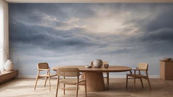 Wolken behang – zachte blauwe lucht met warm licht, Huis en Inrichting, Grijs, Natuurlijk, Overige merken, Ophalen of Verzenden