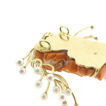 Gouden Medusa hanger in bloedkoraal en parels, Ophalen of Verzenden, Gebruikt, Goud, Overige merken