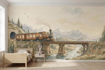 Stoomtrein behang kinderkamer – bergen fotobehang, Verzenden, Fotobehang