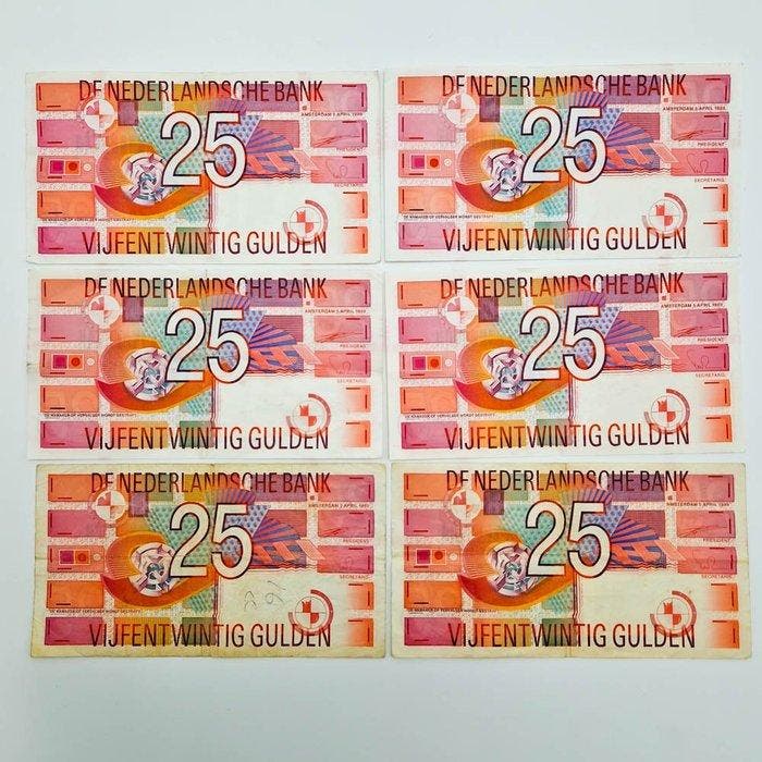 Nederland. - 6 x 25 Gulden - 1989 - PL71 (Zonder, Postzegels en Munten, Bankbiljetten | Europa | Niet-Eurobiljetten