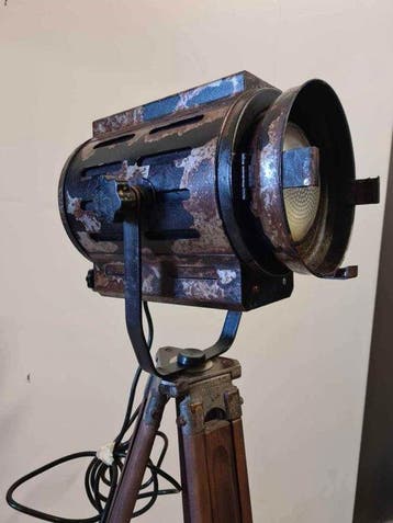 Lamp - Staal, Hout - Industrieel vintage theaterspotlight op