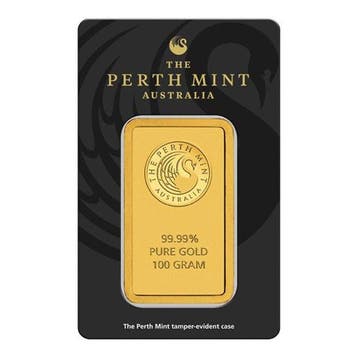 100 gram - Goud .999 - 9999 Gold Bar Perth Mint (In Assay),, Postzegels en Munten
