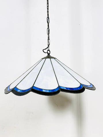 Plafondlamp - Hanglamp van loodglas in wit, kobaltblauw en