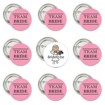 9 Buttons Bride to Be wit en Team Bride roze, Verzenden, Nieuw, Feestartikel, Geboorte of Huwelijk