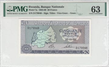 1966 Rwanda 50 Francs Pick 7a Pmg 63, Verzenden