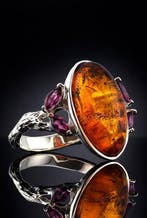 Barnsteen - Zilver - Ring - Amber Glow, Verzamelen, Mineralen en Fossielen