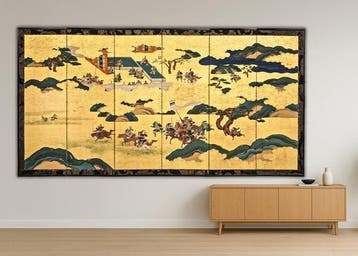 Vouwscherm met samurai-taferelen - Gelakt hout, Papier,