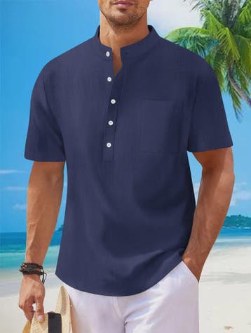Herenshirt met Opstaande Kraag en Korte Mouwen - Katoen Linn, Verzenden, Nieuw
