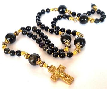 Zilveren obsidiaan & pyriet – Orthodoxe rozenkrans – Kruis