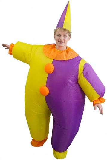 KIMU® Opblaas Kostuum Clown Geel Paars Opblaasbaar Pak Clown, Carnaval, Nieuw, Overige maten, Ophalen of Verzenden