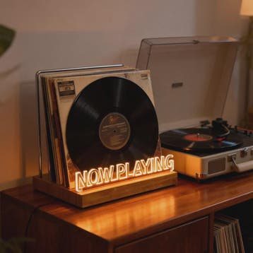 Retro Houten "Now Playing" Vinyl Platenstandaard met Neon LE, Verzenden, Nieuw