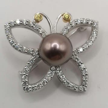 Broche - 18 karaat Witgoud - 1.13ct. tw. Parel - Diamant