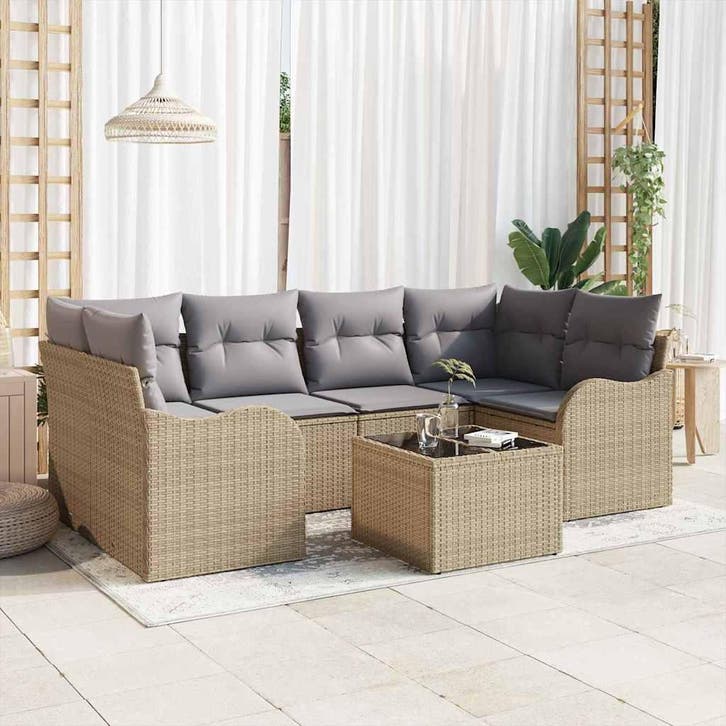 vidaXL Tuin Sofa Set 7 st 6-Aantal zitplaatsen Beige en, Tuin en Terras, Tuinsets en Loungesets, Nieuw, 7 zitplaatsen, Rotan, Verzenden