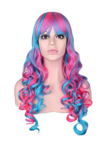 KIMU® Luxe Lange Pruik Roze Blauw Krullen Pony Gekleurde Uni, Ophalen of Verzenden, Nieuw, Carnaval