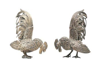 Figuur - Pair of Portuguese Solid Silver Roosters - .833