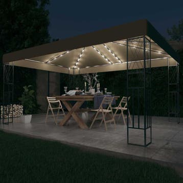 vidaXL Prieel met LED-lichtslinger 3x4 m stof taupe, Tuin en Terras, Verzenden, Nieuw